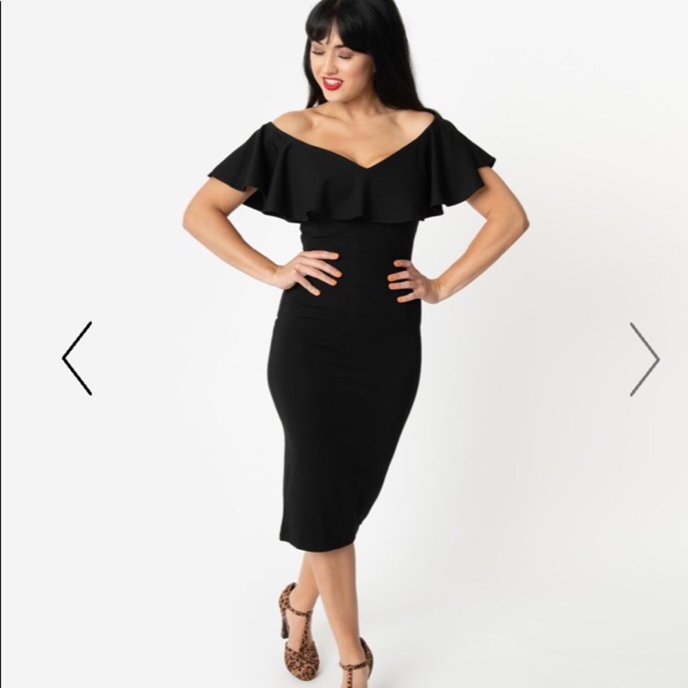 Unique Vintage Black Knit Ruffle Dress